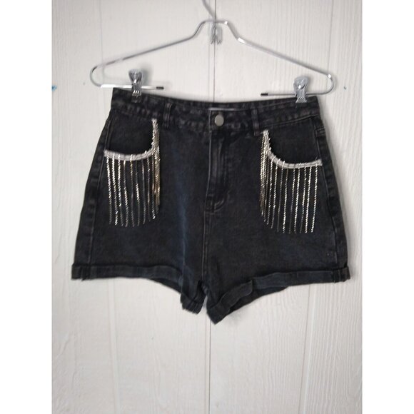 CLOUD TEN Pants - Cloud Ten Rhinestone Cuffed Shorts Juniors M Charcoal Black Rhinestone Strands